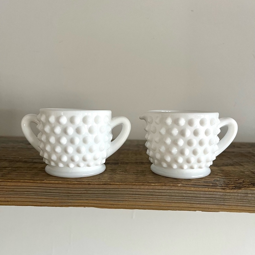 White Fenton Hobnail Milk Glass Creamer and Sugar Set
